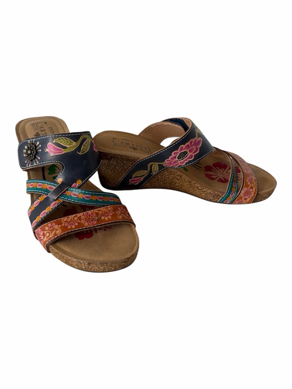 L'Artiste Spring Step Swan Leather Wedge Sandals Floral Hand Painted Boho Sz 40
